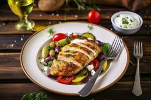 AI generated Seared chicken breast and Greek salad on a wooden table. Generative AI photo