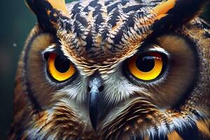 AI generated Owl headshot with closeup of face. Generative AI photo