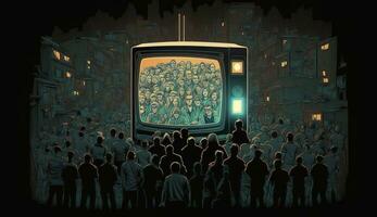 AI generated People crowd watching TV. TV addiction, propaganda and fake news concept. Generative AI photo