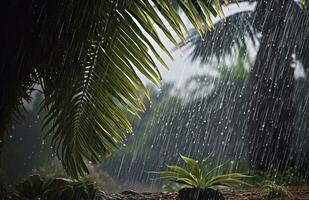 ai generado lluvia en el zona tropical durante el bajo temporada o monzón estación. gotas de lluvia en un jardín. generativo ai foto