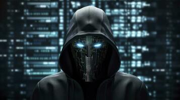 AI generated Binary Intrigue. Anonymous robotic hacker. Concept of hacking. AI Generated photo