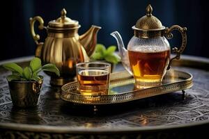 AI generated Traditional Moroccan tea set with decorative teapots, glasses, and mint leaves. Generative AI photo