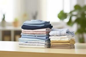 AI generated Stack of clean clothes on table in room. Generative AI photo