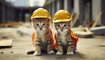 ai generado dos gatitos vistiendo difícil sombreros en un construcción sitio. generativo ai foto