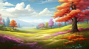 AI generated Spring season with colorful flowers and trees in a pretty meadow or field. AI Generated. photo