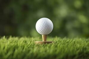 ai generado blanco golf pelota en de madera tee con césped. generativo ai foto