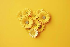 AI generated Yellow Heart Shaped By Yellow Daisies Over Yellow Background. AI Generated photo