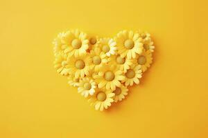 AI generated Yellow Heart Shaped By Yellow Daisies Over Yellow Background. AI Generated photo