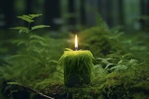 AI generated Burning candle on moss, dark green blurred the natural background. Magic candle. Generative AI photo