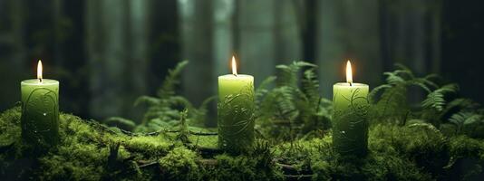 AI generated Burning candles on moss, dark green blurred the natural background. Magic candle. Generative AI photo