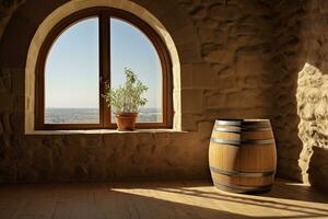 ai generado barril en un antiguo castillo junto a el ventana. ai generado foto