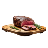 ai généré rôti du boeuf steak sur une en bois assiette isolé sur transparent Contexte png