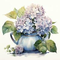 AI generated Watercolor hydrangeas in teapot isolated on white background. AI Generated photo