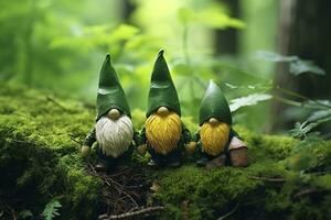 AI generated Toy Irish gnomes in a mystery forest, abstract green natural background. Generative AI photo