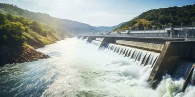 ai generado hidroeléctrico represa generando verde energía desde fluido agua. ai generado. foto