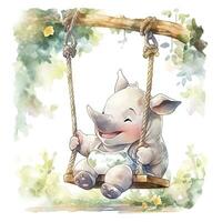 AI generated Cute happy baby rhino on swings in the tree in watercolor style. AI Generated photo