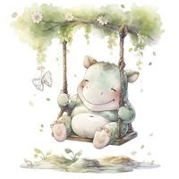 AI generated Cute happy baby rhino on swings in the tree in watercolor style. AI Generated photo