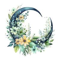 AI generated Watercolor floral Moon with greenery on a white background. AI Generated photo