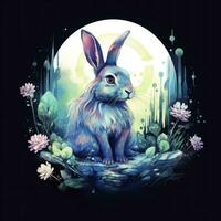 AI generated Watercolor Rabbit and Glowing Moon for T-shirt Design. AI Generated photo