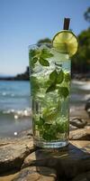 AI generated Stunning photo of cocktail mojito, a sunny summer beach in the background. Generative AI