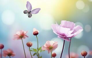 ai generado Fresco primavera Mañana en naturaleza y revoloteando mariposas en un suave verde antecedentes. generativo ai foto