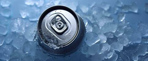 AI generated Top of drink tin can iced submerged in frost ice, metal aluminum beverage. Generative AI photo