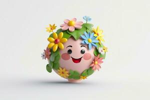 AI generated 3D Cute Earth with Flower on White Background. Planet Earth Day or Environment Day Concept. AI Generative photo