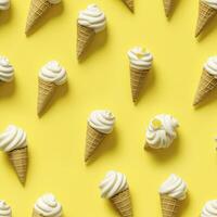 AI generated Ice Cream pattern on yellow background, top view. AI Generated photo