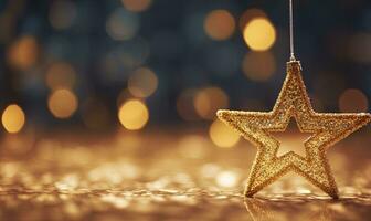 AI generated Sparkling Golden Christmas Star. Ornament Decoration Defocused Bokeh Background. AI Generated photo