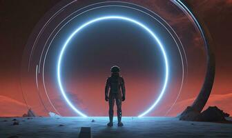 AI generated Astronaut in front of dimensional portal.  AI Generated. photo