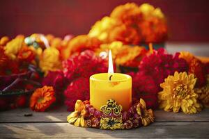 AI generated Candles and marigold flowers. Day of the dead concept dia de los muertos. AI Generated photo