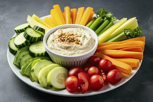 AI generated Crop shot of plate with colorful healthy sliced vegetables. AI Generated photo