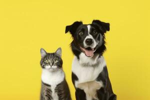 ai generado gato y perro juntos con contento expresiones en amarillo antecedentes. ai generado foto