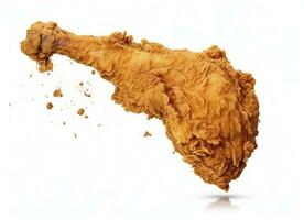 AI generated Fried chicken leg falling in the air isolated on a white background. AI Generated. photo