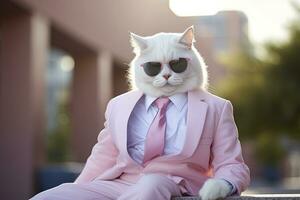 AI generated A cat is wearing sunglasses, suit and standing on street. AI Generated photo