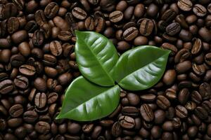 AI generated Green leaves with coffee beans as background. AI Generated photo