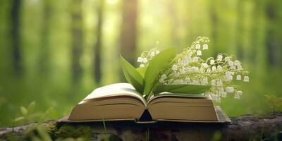 AI generated Lily of the Valley flowers and old books in the forest, green natural background. AI Generated photo