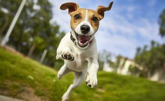 AI generated Jack Russel Parson Dog Run Toward The Camera Low Angle High Speed Shot. AI Generated photo