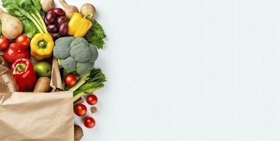 ai generado sano comida en papel bolso vegetales y frutas en blanco antecedentes. ai generado foto