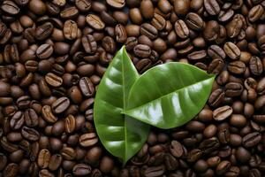 AI generated Green leaves with coffee beans as background. AI Generated photo