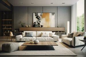 ai generado moderno vivo habitación con sofá y mueble. ai generado foto