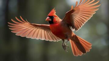 AI generated Northern Cardinal coming in for a landing. Generative AI photo