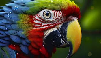 ai generado tropical guacamayo encaramado, vibrante plumas en enfocar. generativo ai foto