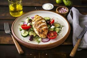 AI generated Seared chicken breast and Greek salad on a wooden table. Generative AI photo