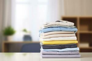 AI generated Stack of clean clothes on table in room. Generative AI photo