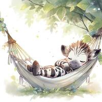 AI generated A sleepy baby zebra in a hammock. watercolor illustrations. AI Generated photo