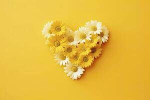 AI generated Yellow Heart Shaped By Yellow Daisies Over Yellow Background. AI Generated photo