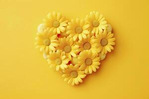 AI generated Yellow Heart Shaped By Yellow Daisies Over Yellow Background. AI Generated photo