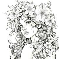 AI generated A girl on a coloring book page with Jasmine flowers. AI Generated photo