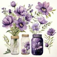 AI generated Collection of watercolor mason jars with purple flowers clipart. AI Generated photo